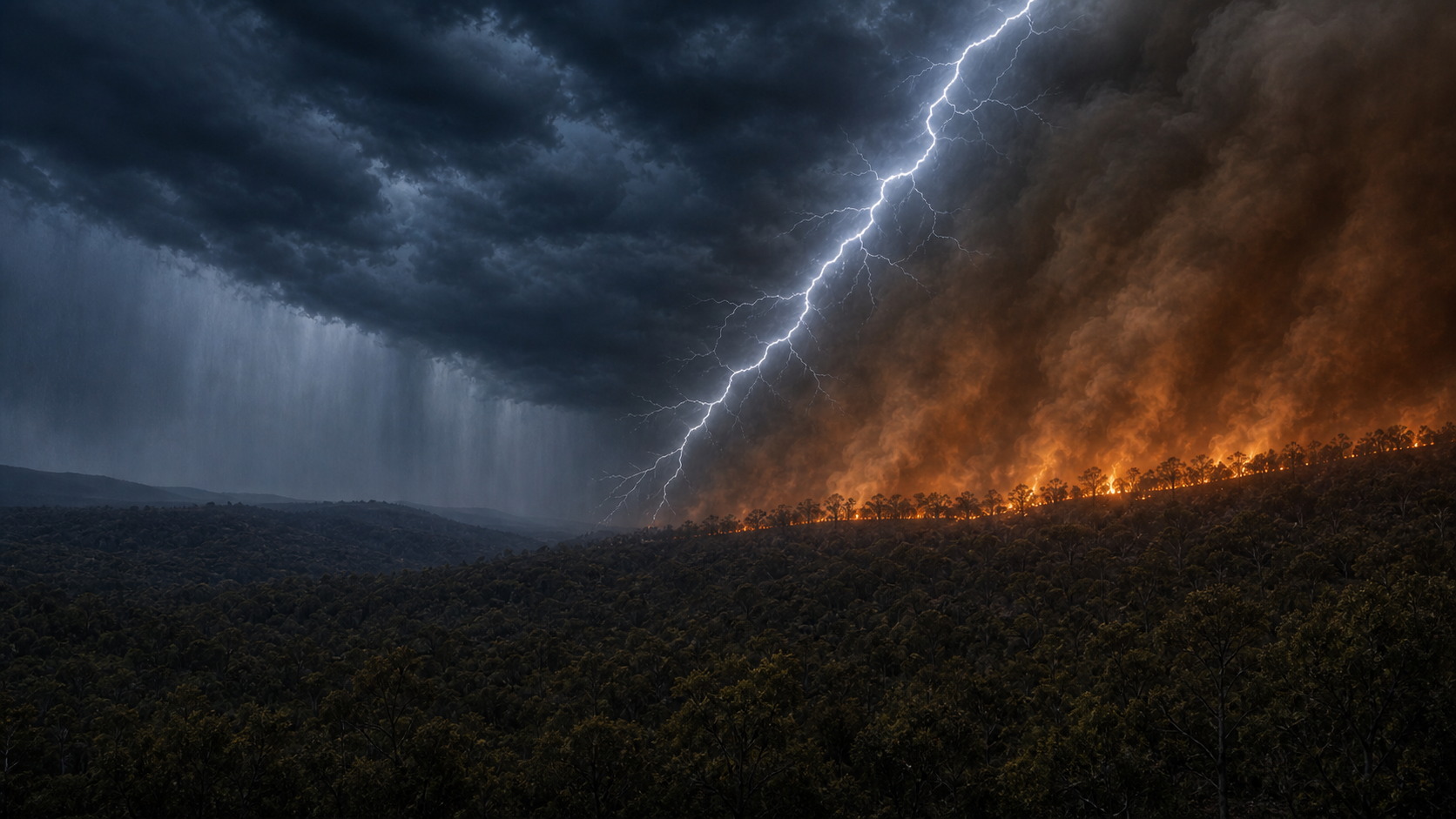A storm front and a bushfire meeting along a diagonal, with lightning striking down onto the fire line